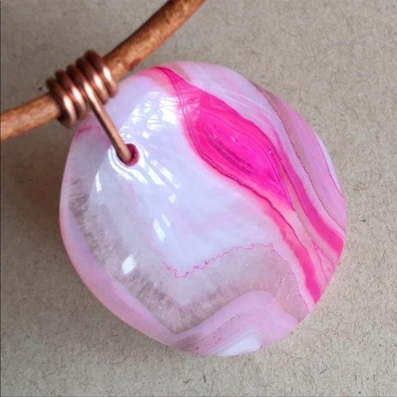 NEW Polished Agate Stone Pendant Copper Wire Wrap 16" Boho Choker Necklace - Picture 3 of 10